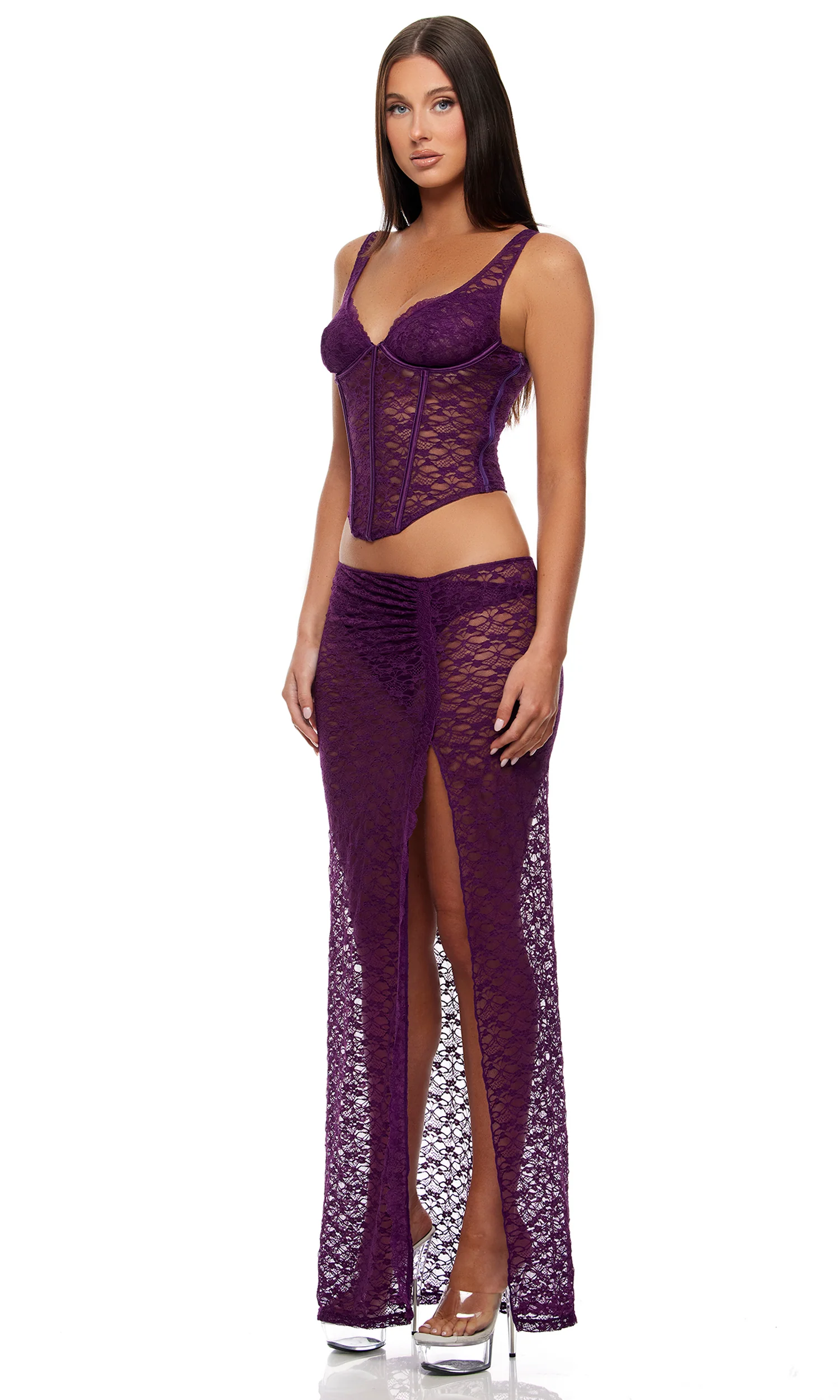 Feel Me 3-Piece Textured Lace Bustier Set - Purple - Image 3