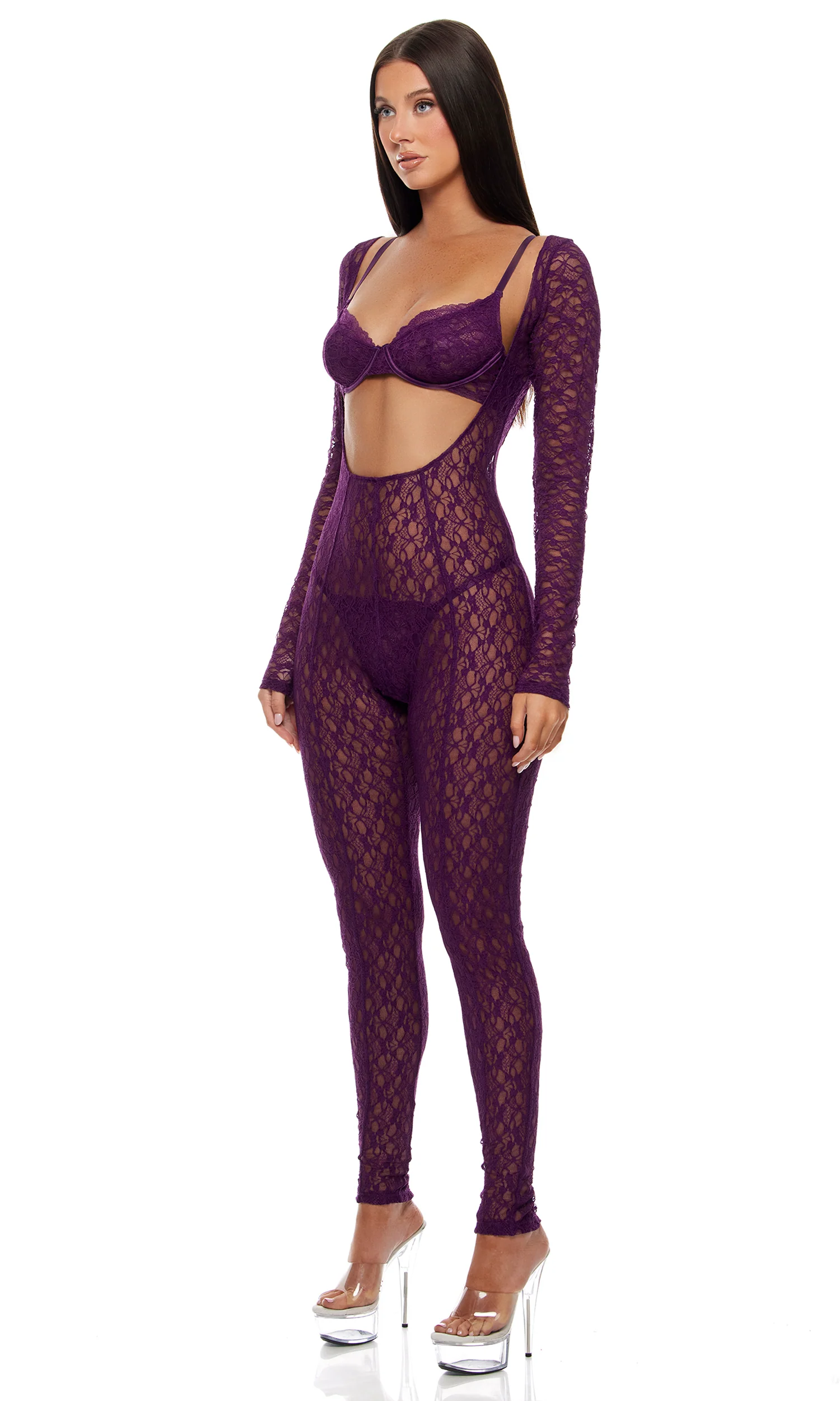 Feel Me 3-Piece Textured Lace Jumpsuit Set - Purple - Image 3