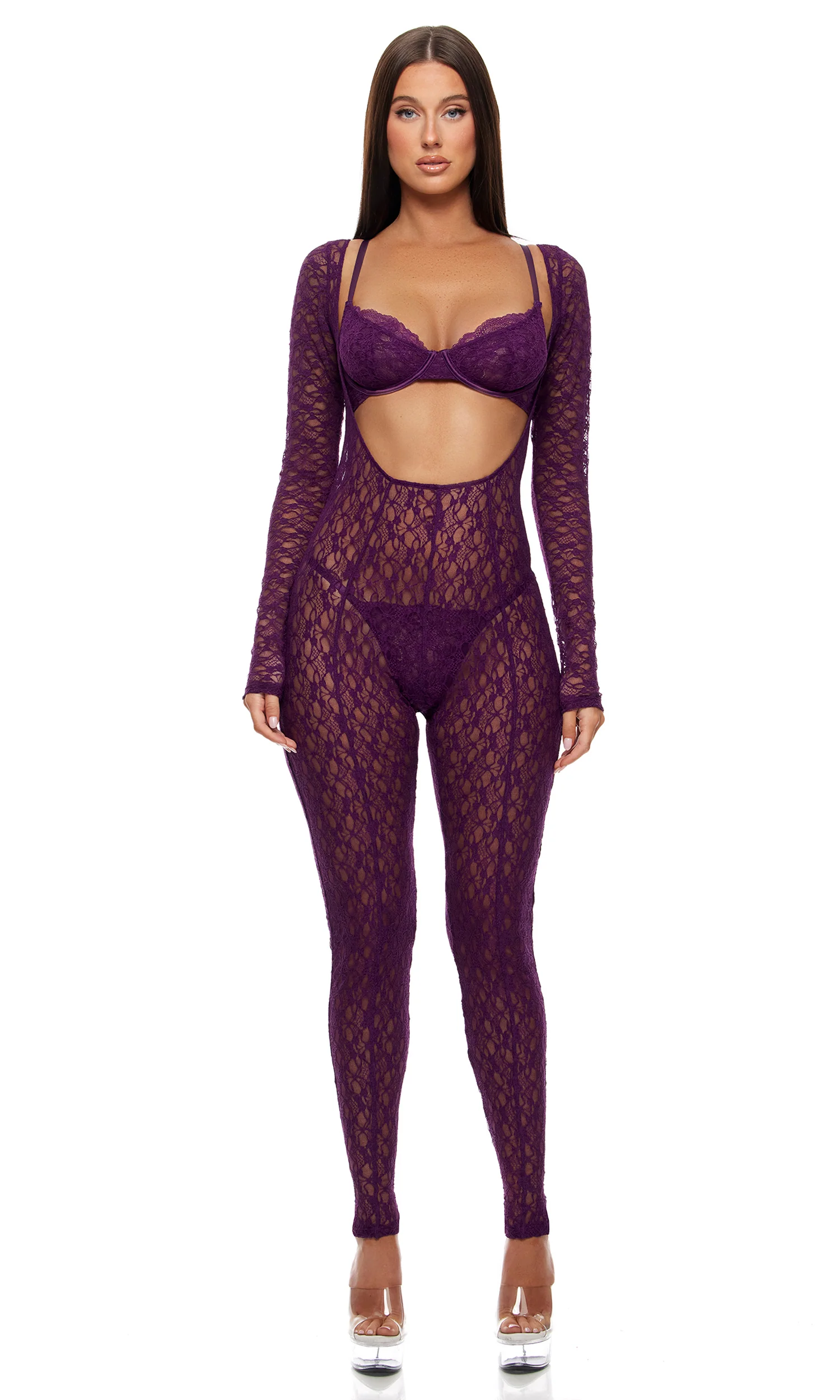 Feel Me 3-Piece Textured Lace Jumpsuit Set - Purple - Image 4