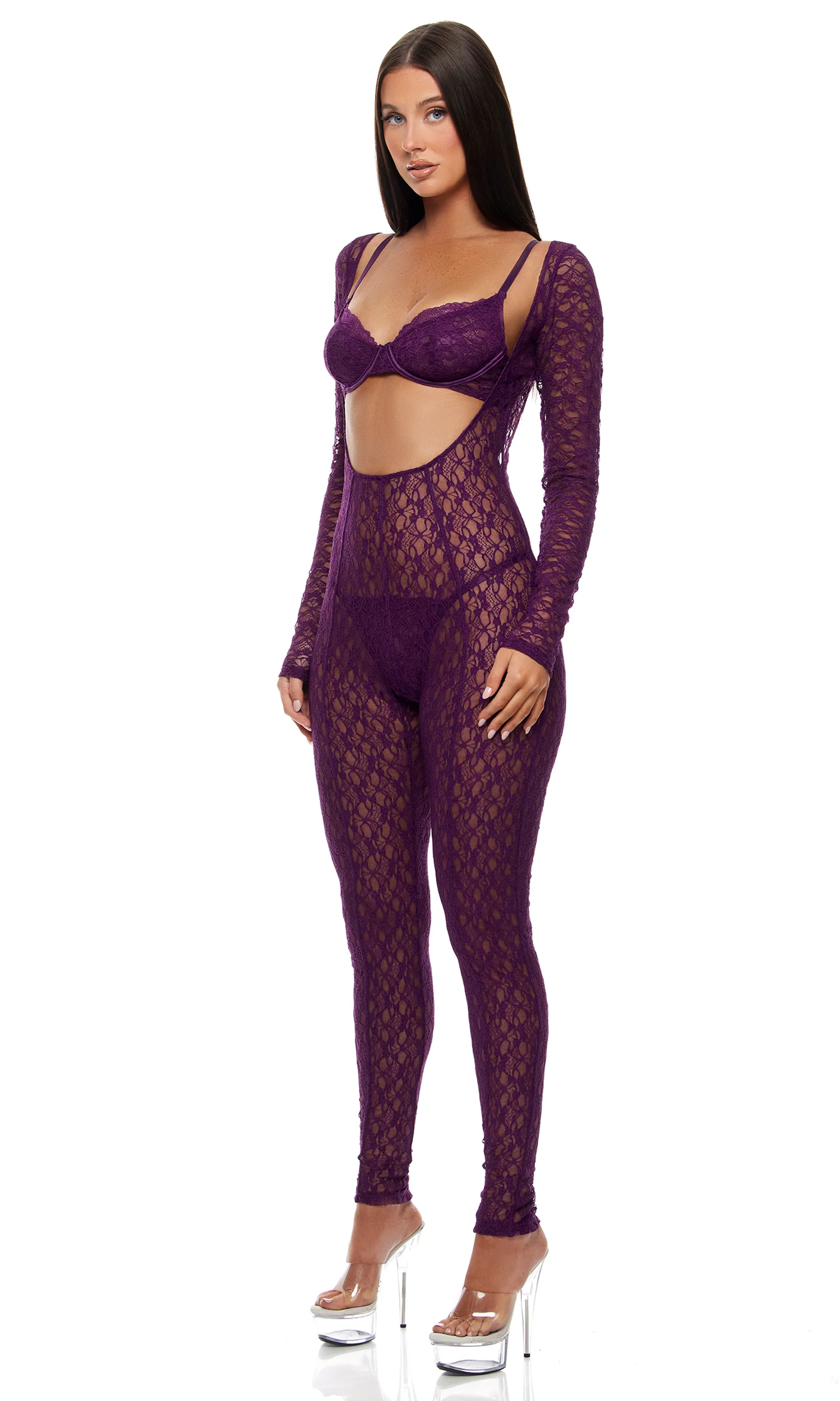 Feel Me 3-Piece Textured Lace Jumpsuit Set - Purple - Image 5
