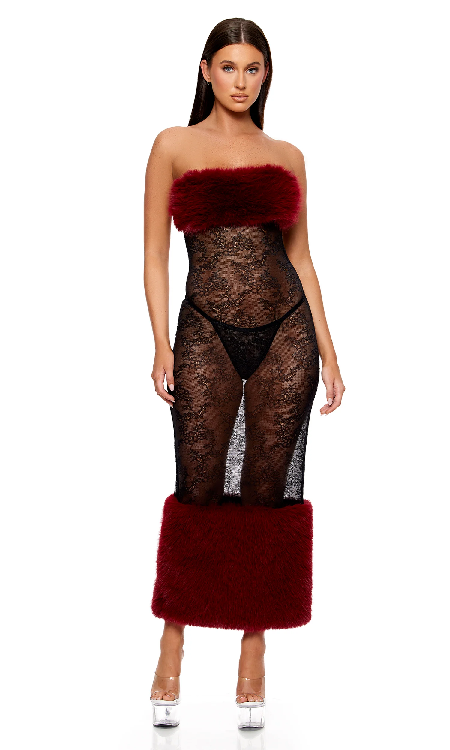 Fur the Night 2-Piece Lace and Faux Fur Nightgown Set - Wine - Image 5