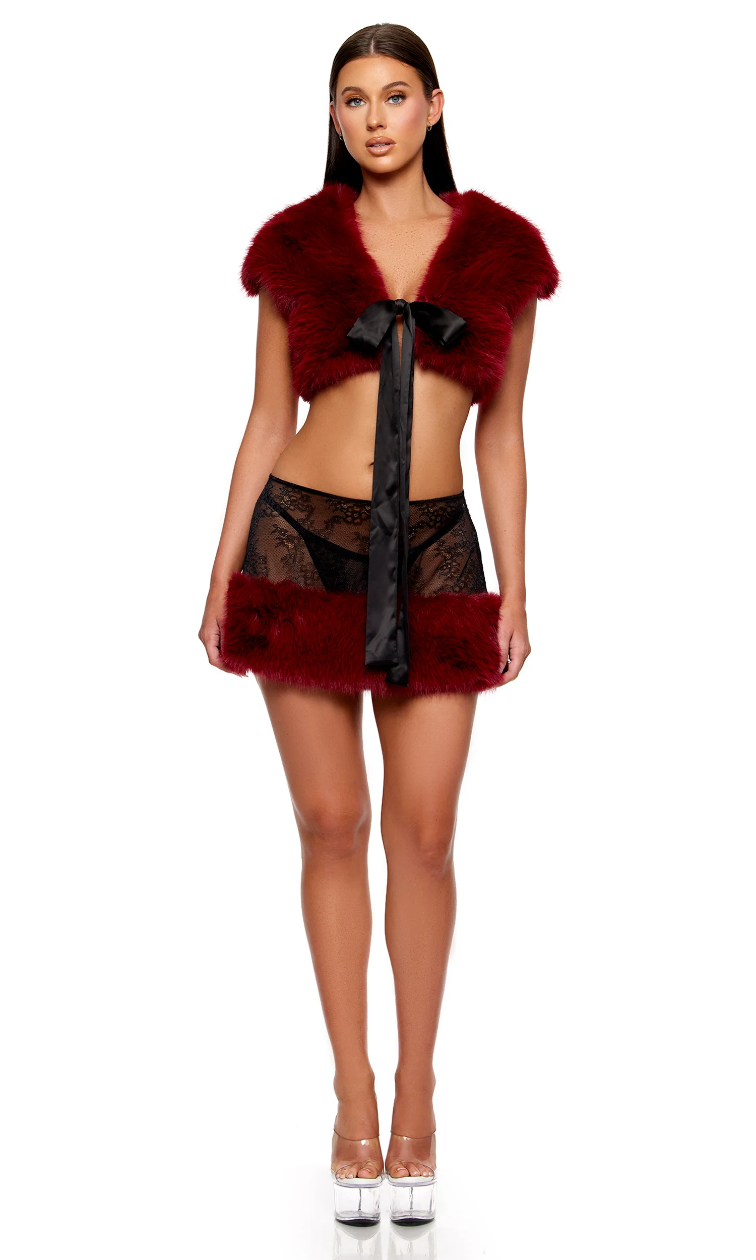 Fur the Night 3-Piece Lace and Faux Fur Shrug and Mini Skirt Set - Wine - Image 3