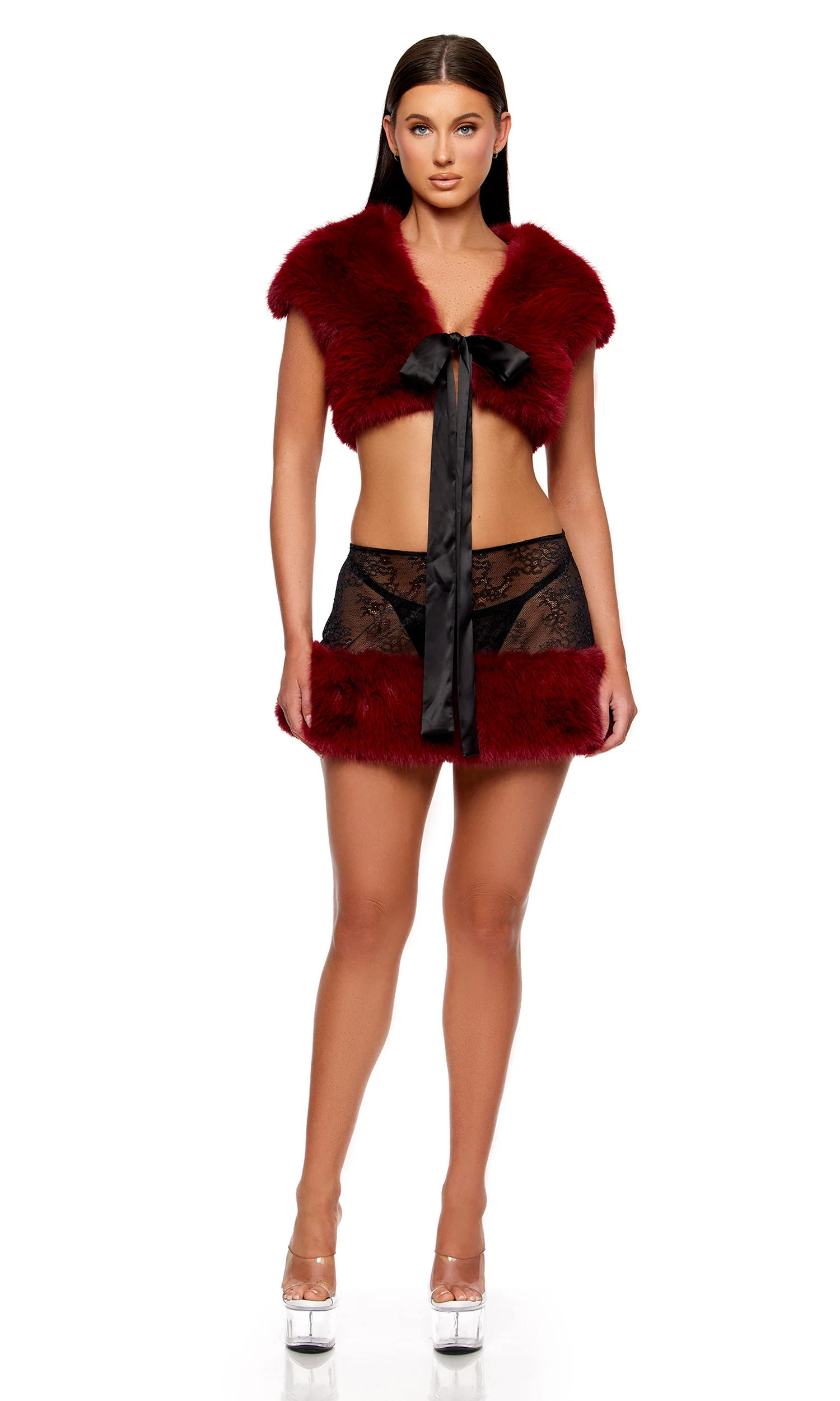 Fur the Night 3-Piece Lace and Faux Fur Shrug and Mini Skirt Set - Wine - Image 4