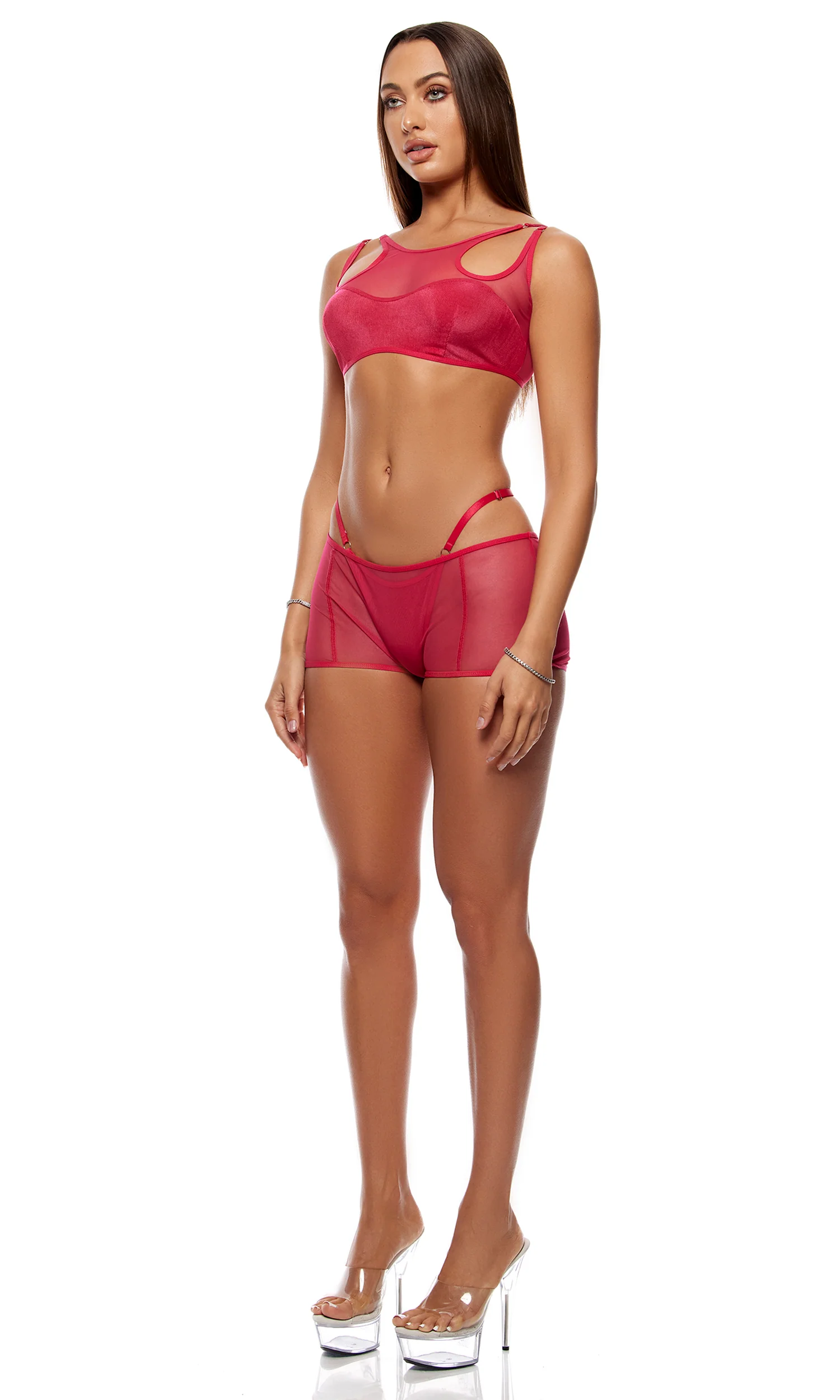 Layers To This 3-Piece Mesh and Knit Bra Top and Briefs Lingerie Set - Pink - Image 3