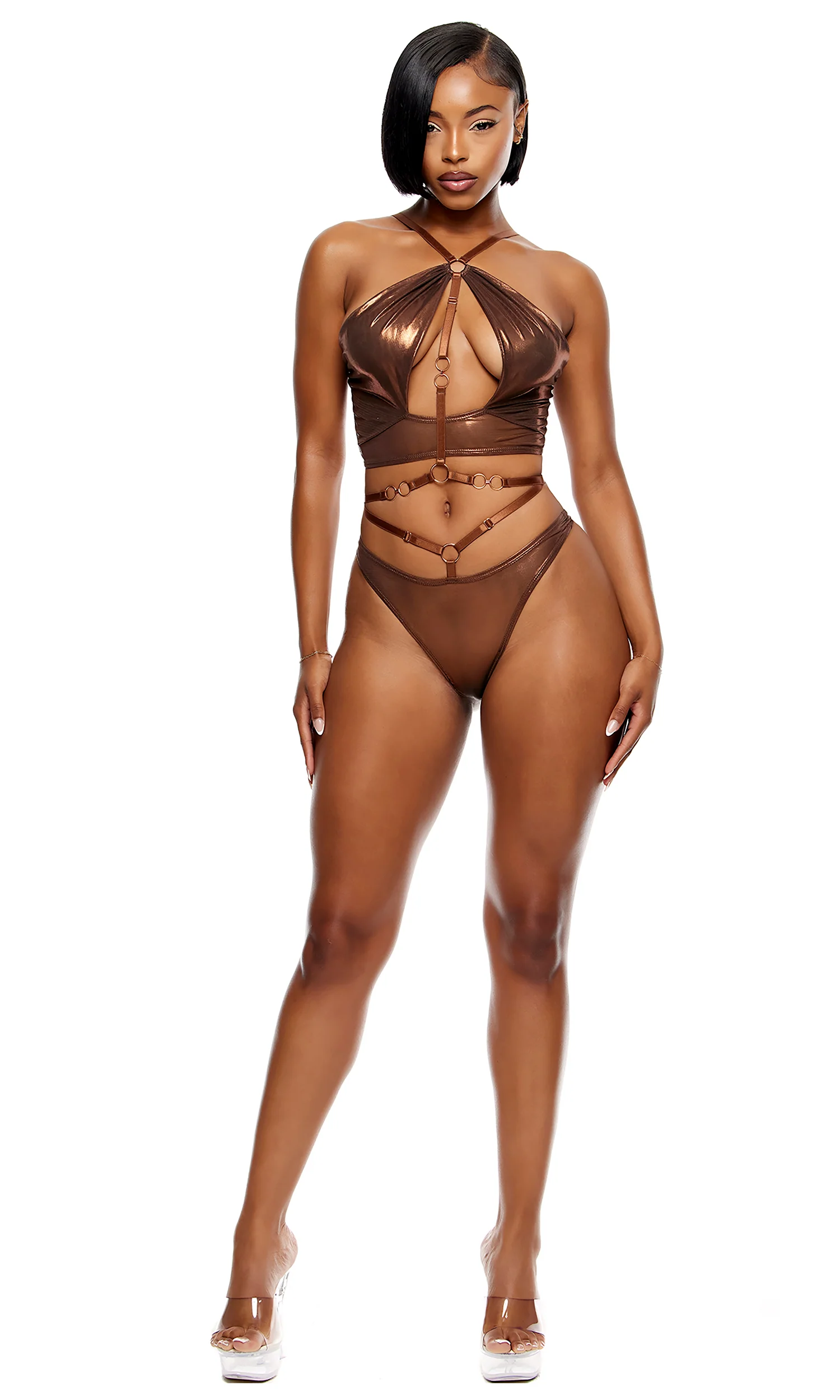 Liquid Metal 2-Piece Metallic Mesh Halterneck Bra Lingerie Set - Copper - Image 5