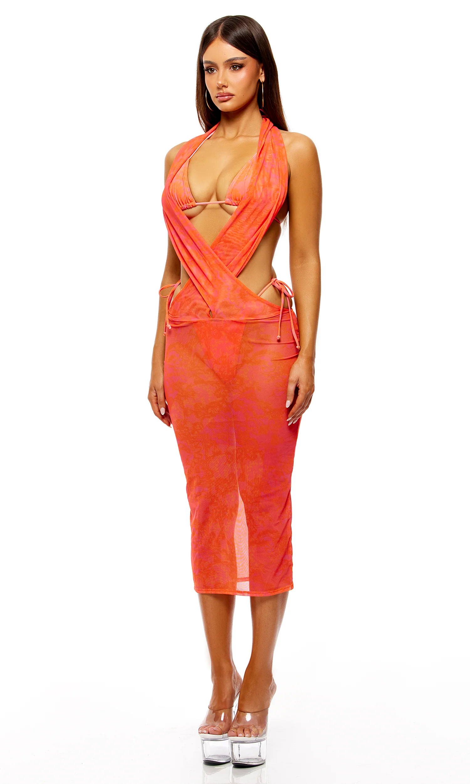 Night Swim Coverup Lace Print Midi Dress - Orange Combo - Image 3