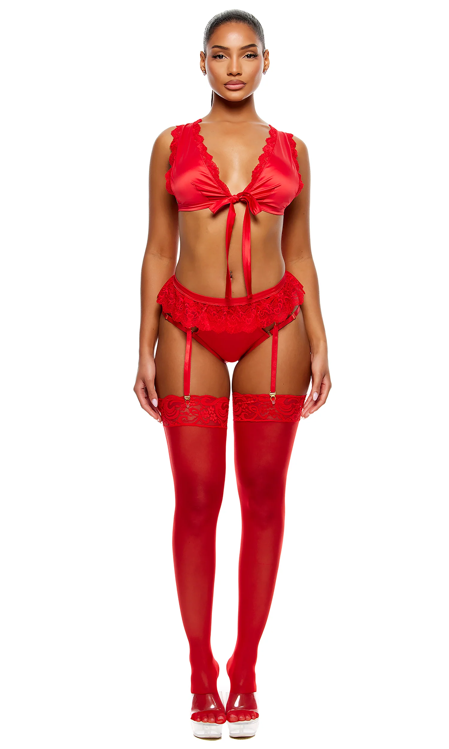 No Strings Attached 3-Piece Satin and Mesh Lace Trim Bra and Garter Belt Lingerie Set - Red - Image 4