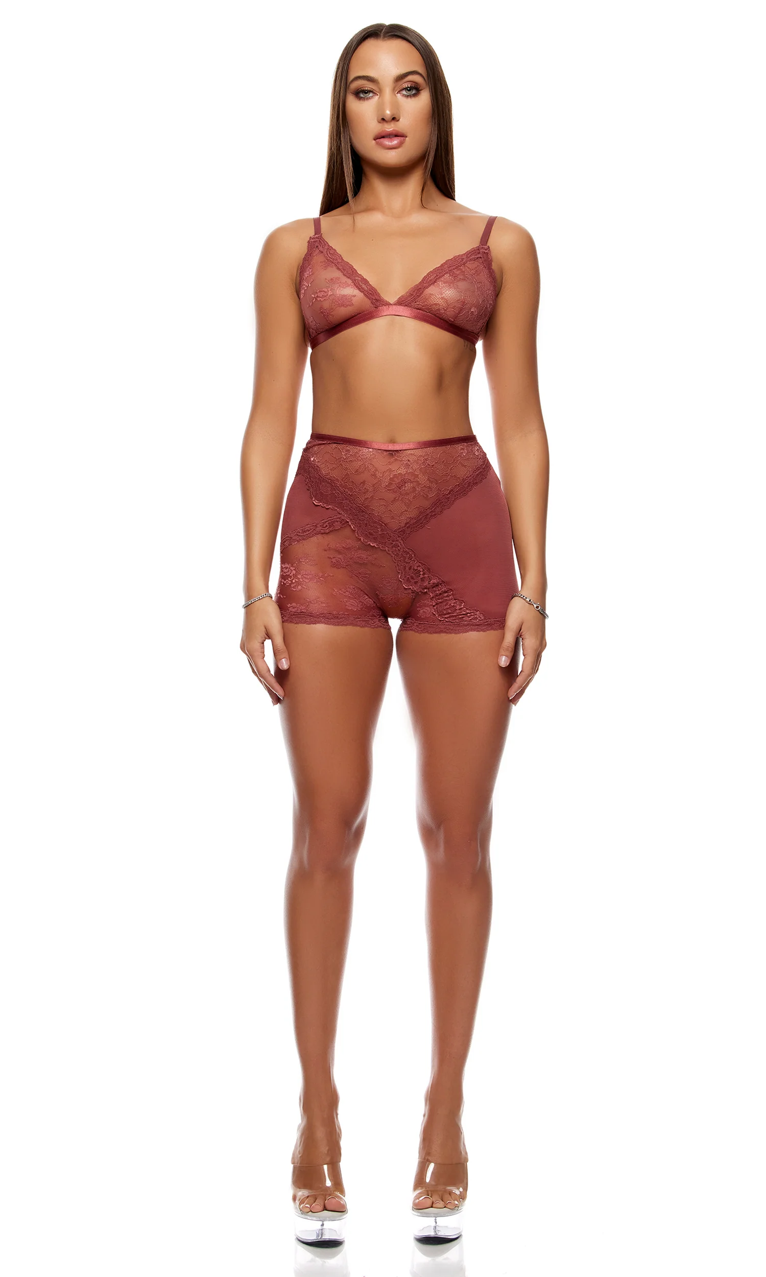 Patch of Petals 2-Piece Lace Bralette and Shorts Lingerie Set - Spice - Image 3