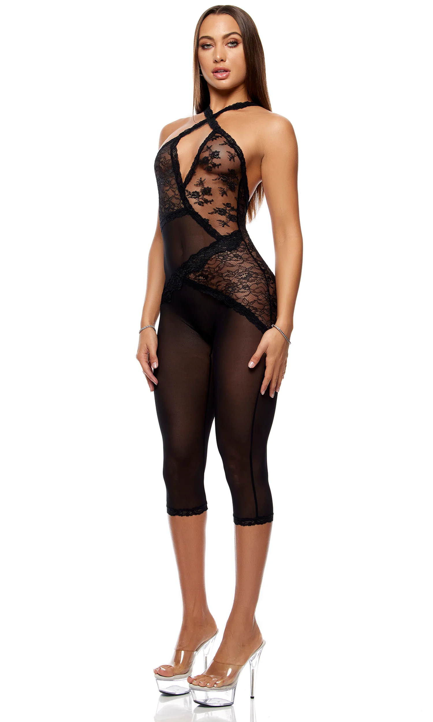 Patch of Petals Lace Capri Catsuit - Black - Image 3