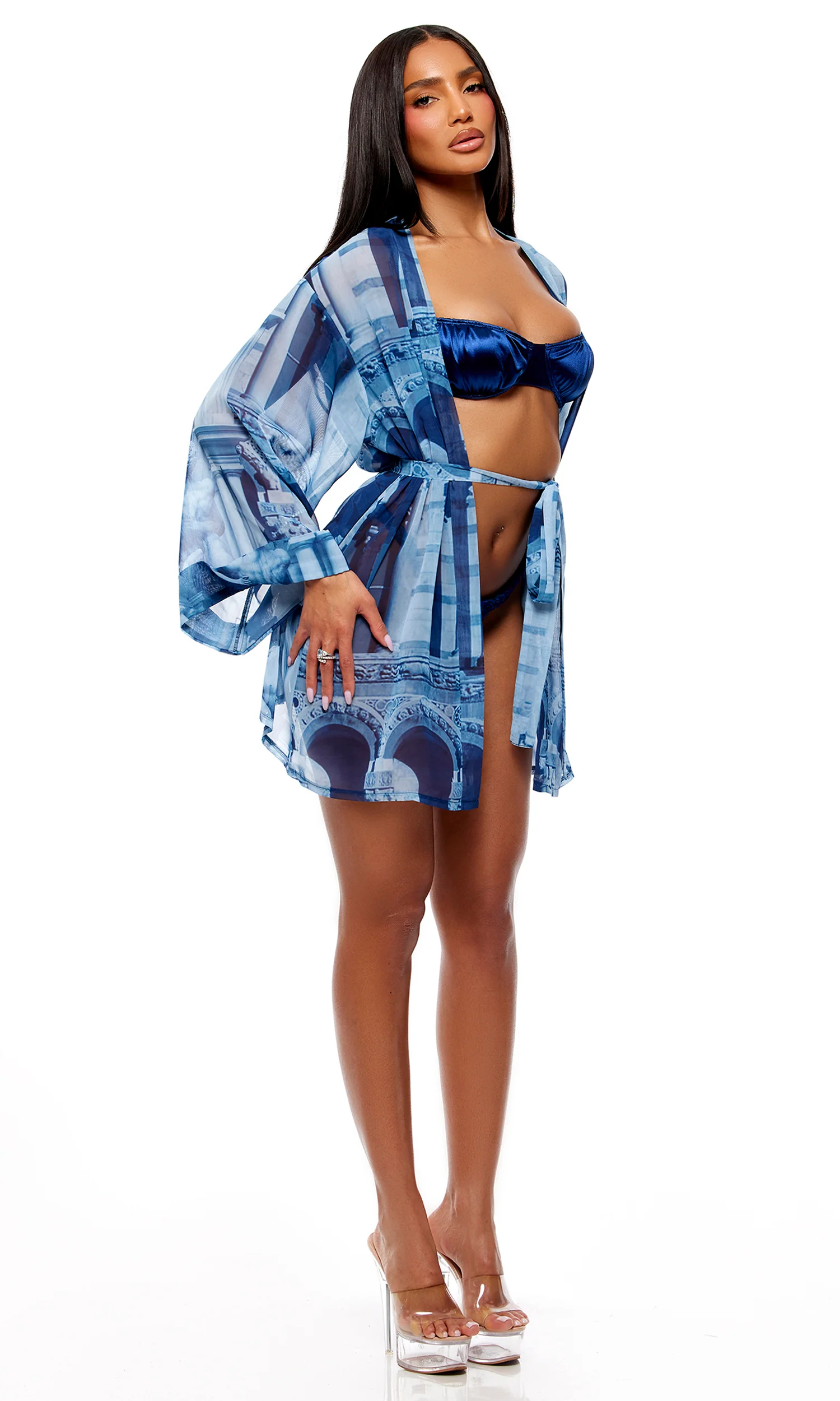 Poolside Cabana 2-Piece Renaissance Print Coverup Kimono - Blue - Image 4