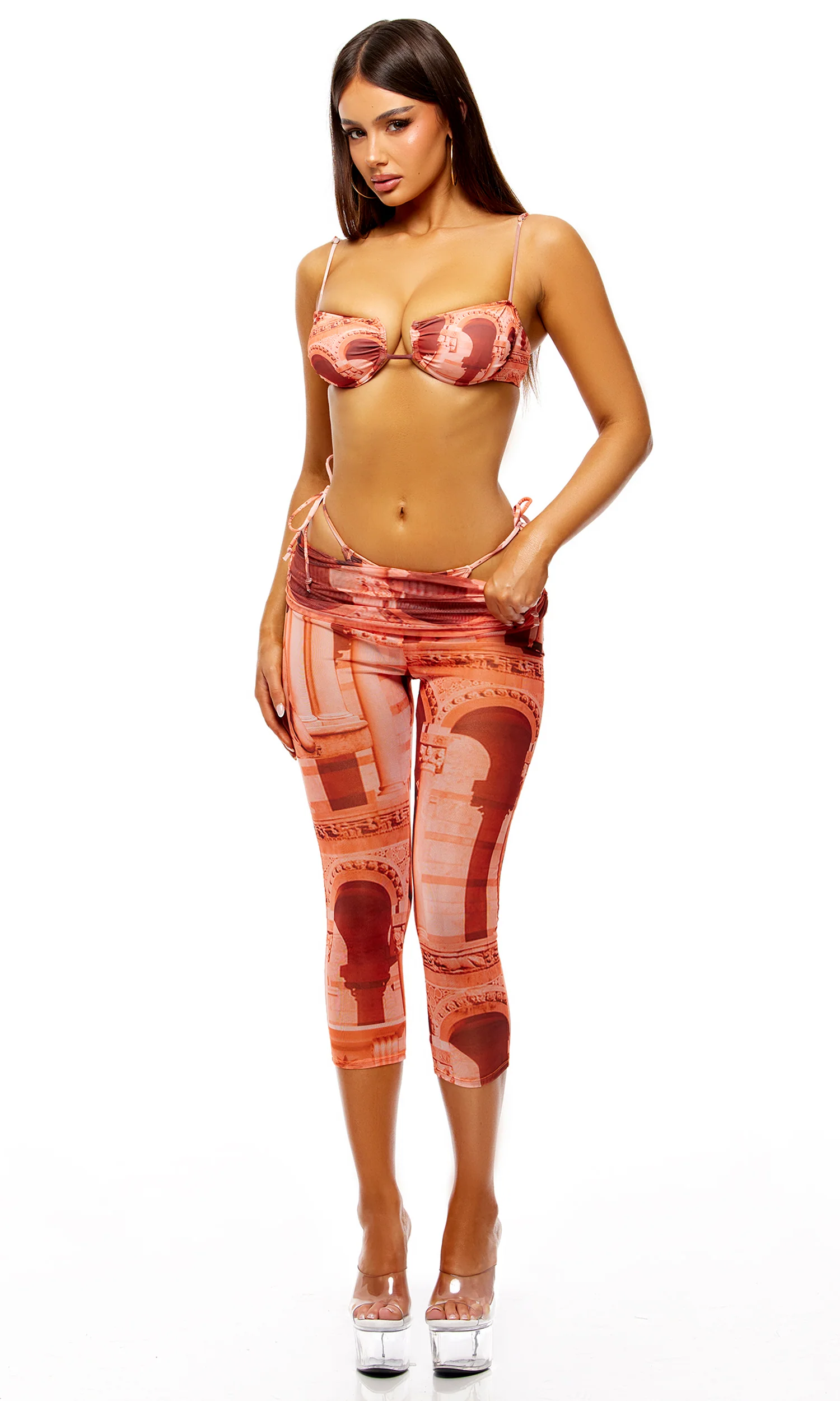 Poolside Cabana Ruched 2-Piece Renaissance Print Bikini Set - Orange - Image 4
