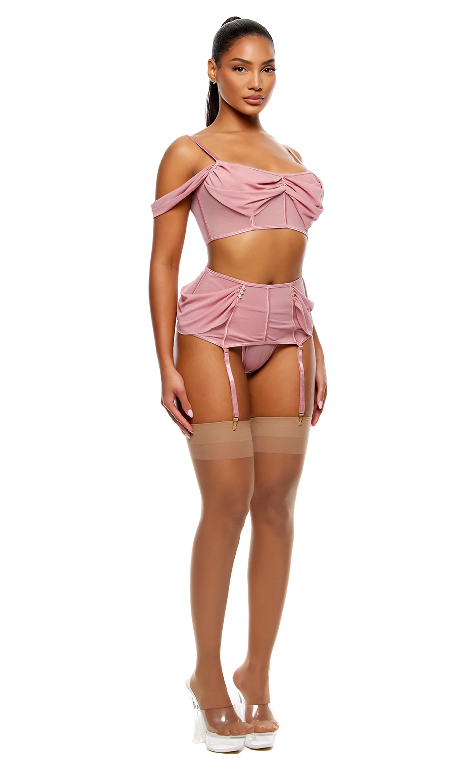 Princess Treatment 3-Piece Draped Mesh Bra and Garter Skirt Lingerie Set - Mauve - Image 3
