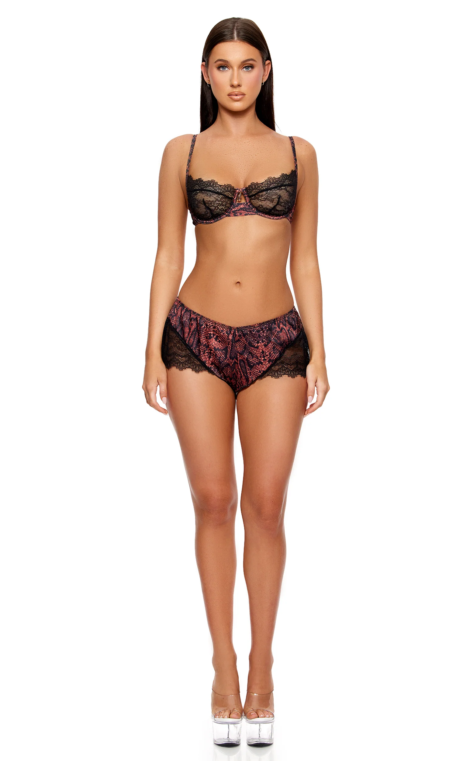 Second Skin 2-Piece Snake Satin Bra and Shorts Set - Brown - Image 5