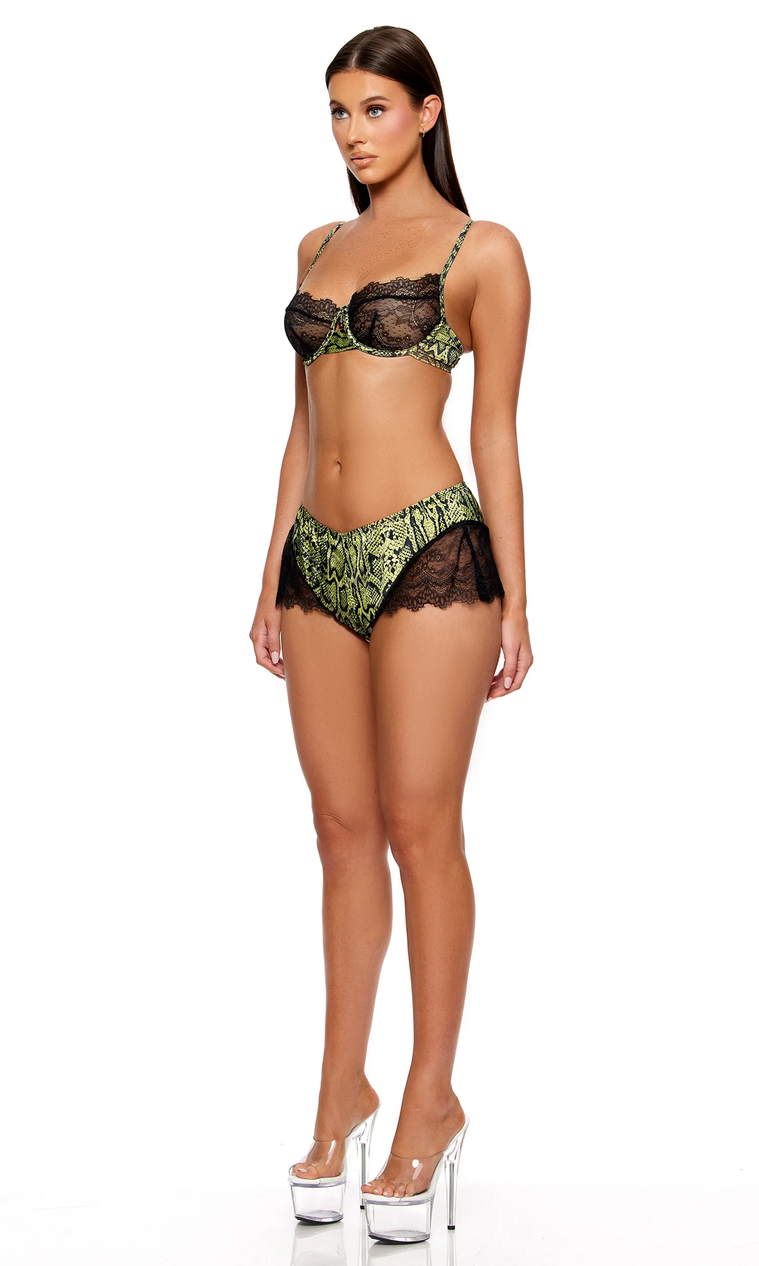 Second Skin 2-Piece Snake Satin Bra and Shorts Set - Green - Image 3