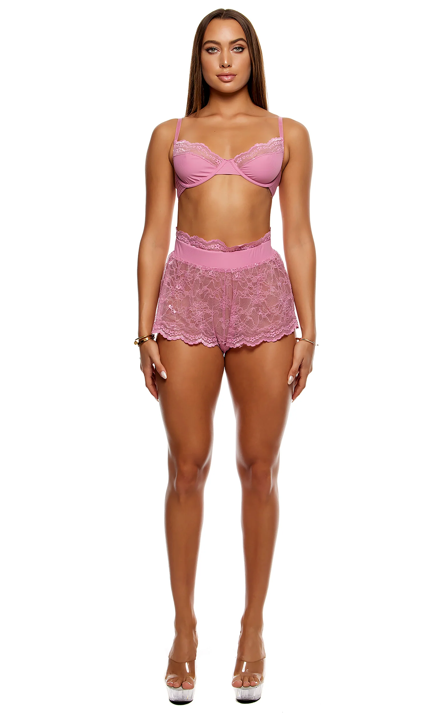 Self Care Ribbed Lace Bra and Shorts Lingerie Set - Mauve - Image 3