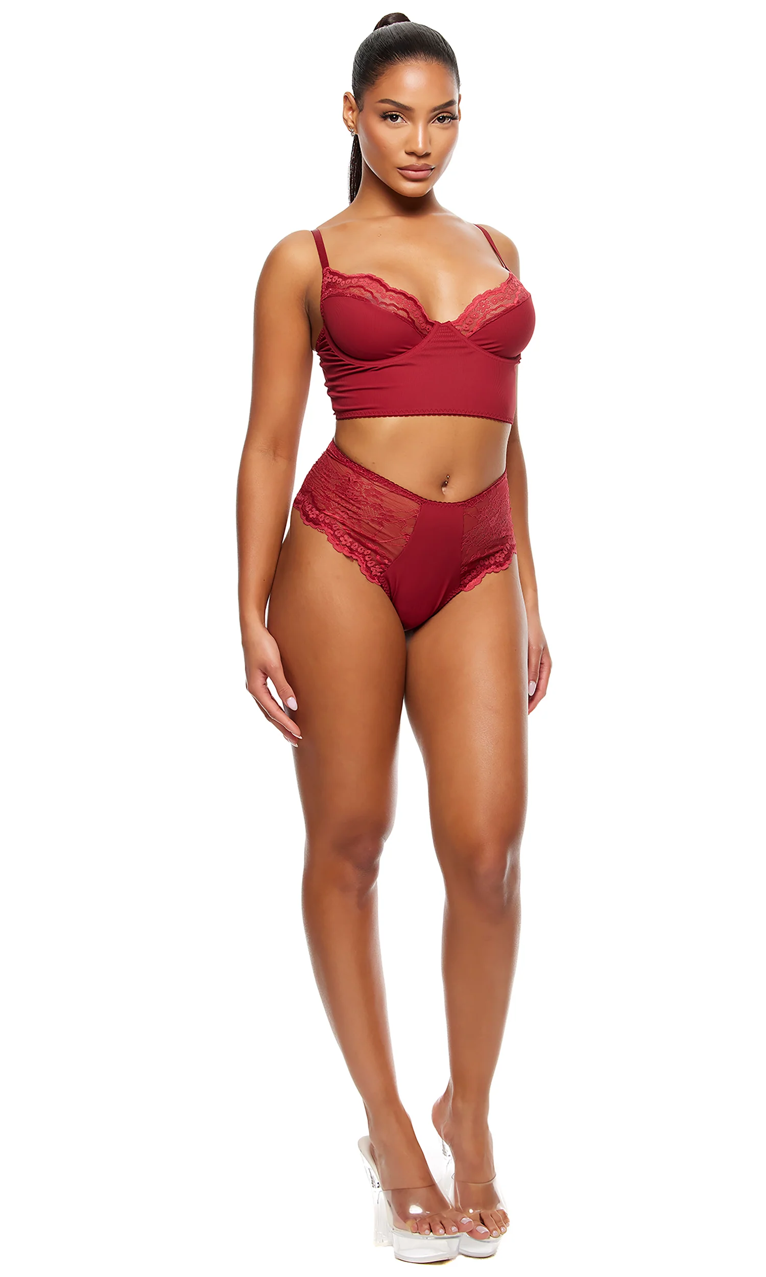 Self Care Ribbed Lace Longline Bra Lingerie Set - Wine - Image 3