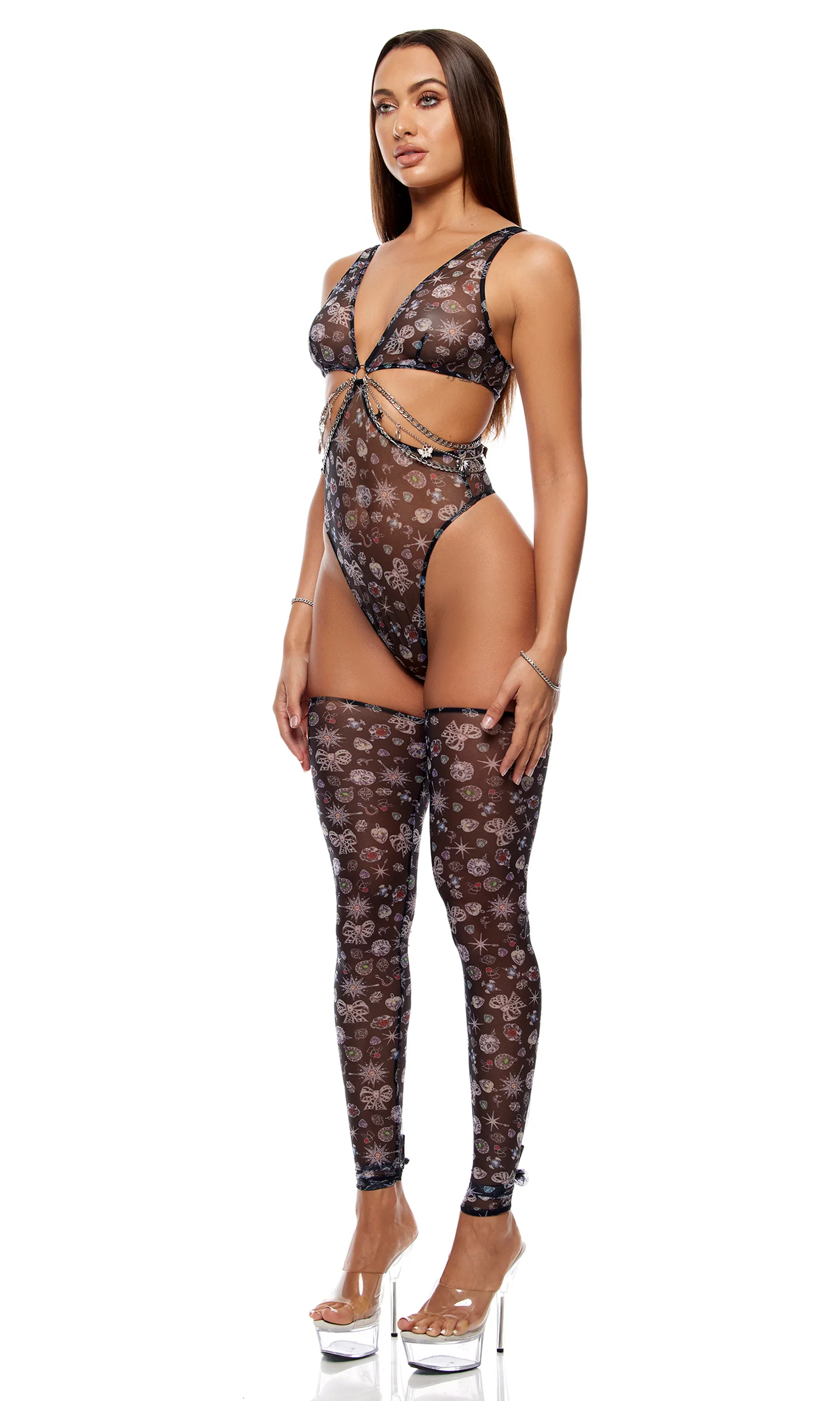 Sheer Charm 2-Piece Mesh and Chains Teddy Lingerie Set - Black - Image 3