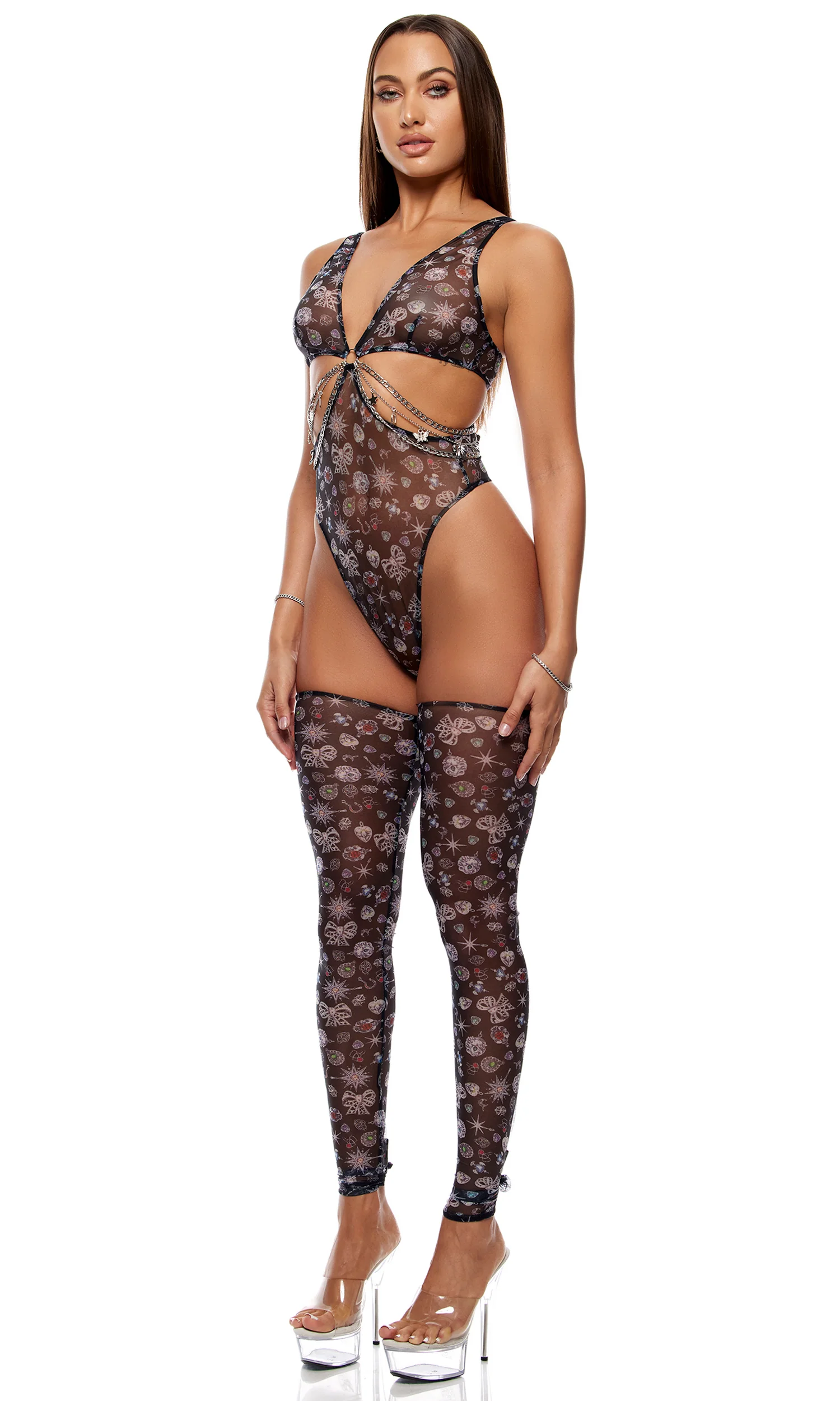 Sheer Charm 2-Piece Mesh and Chains Teddy Lingerie Set - Black - Image 4