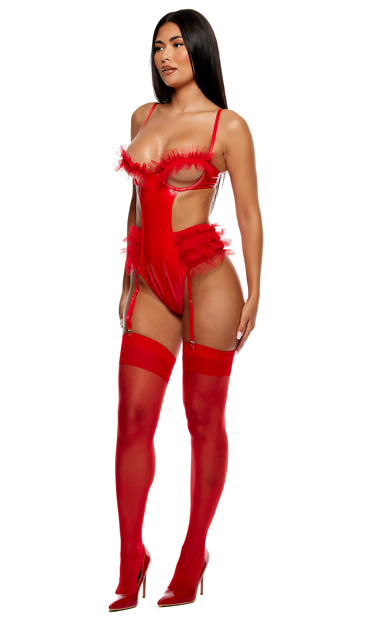 Show and Tulle Vinyl and Mesh Tulle Trim Teddy - Red - Image 3