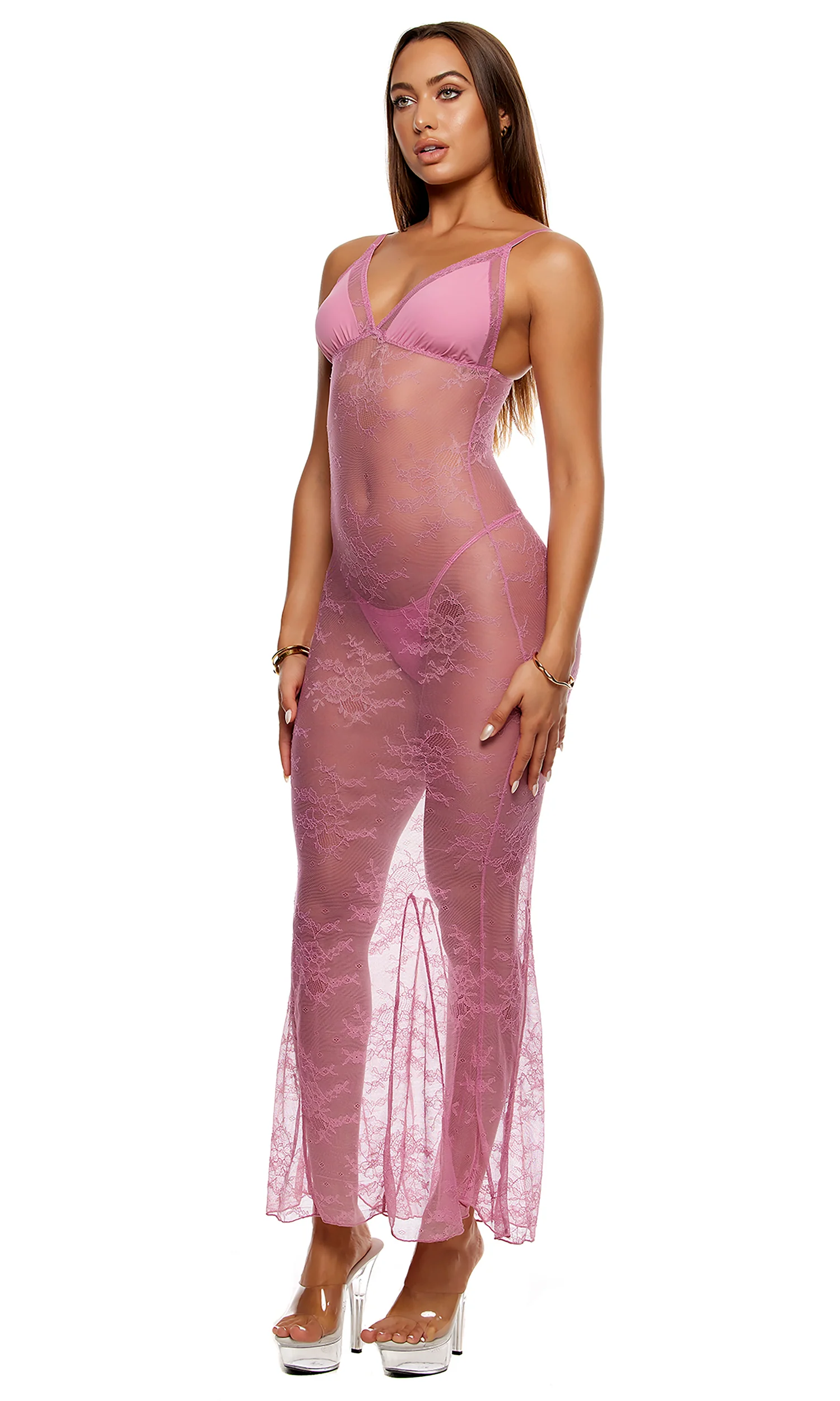 Take It Easy 2-Piece Lounge Lace Nightgown Lingerie Set - Mauve - Image 3