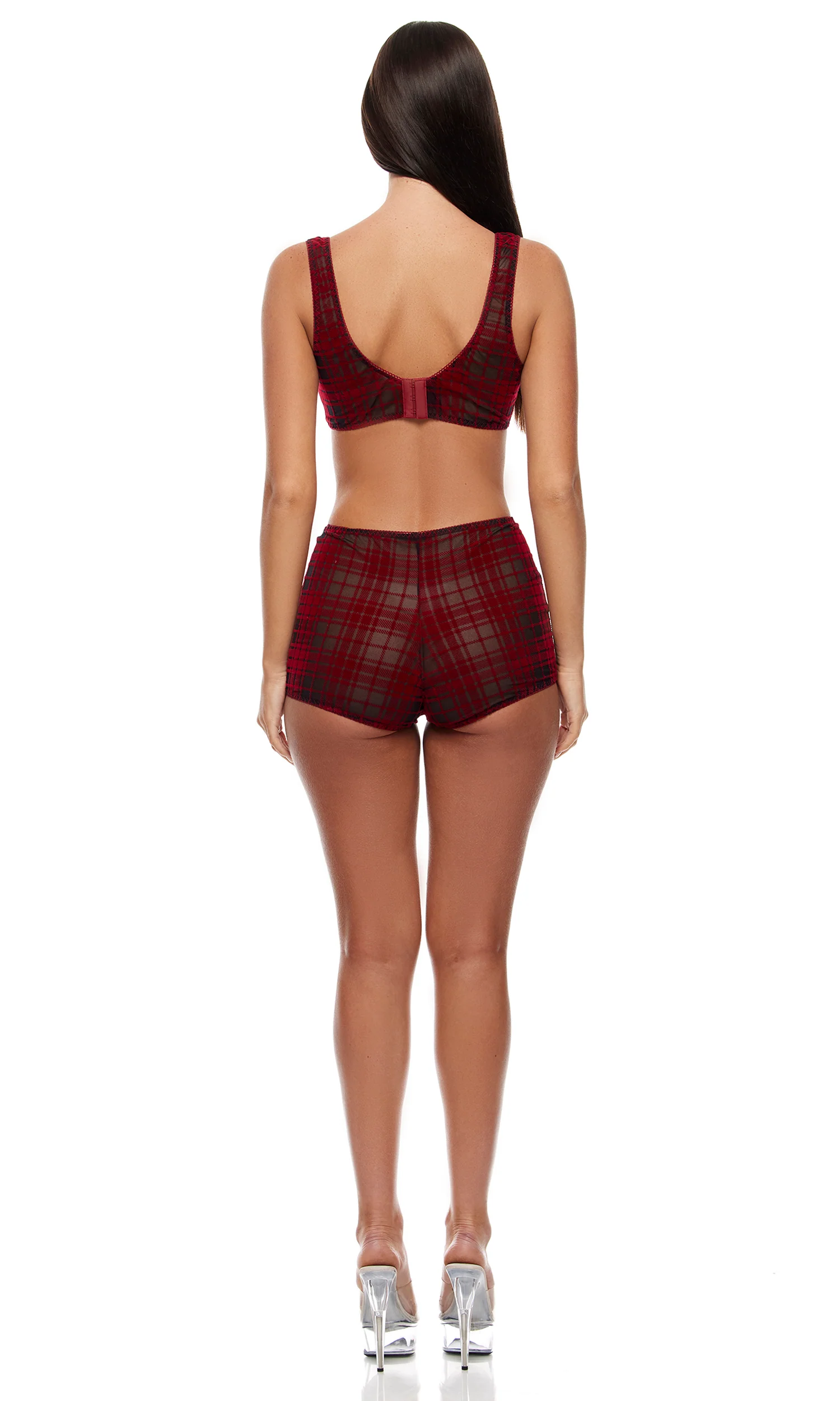 Velvet Lines 2-Piece Plaid Mesh Bralette and Briefs Set - Red - Image 4